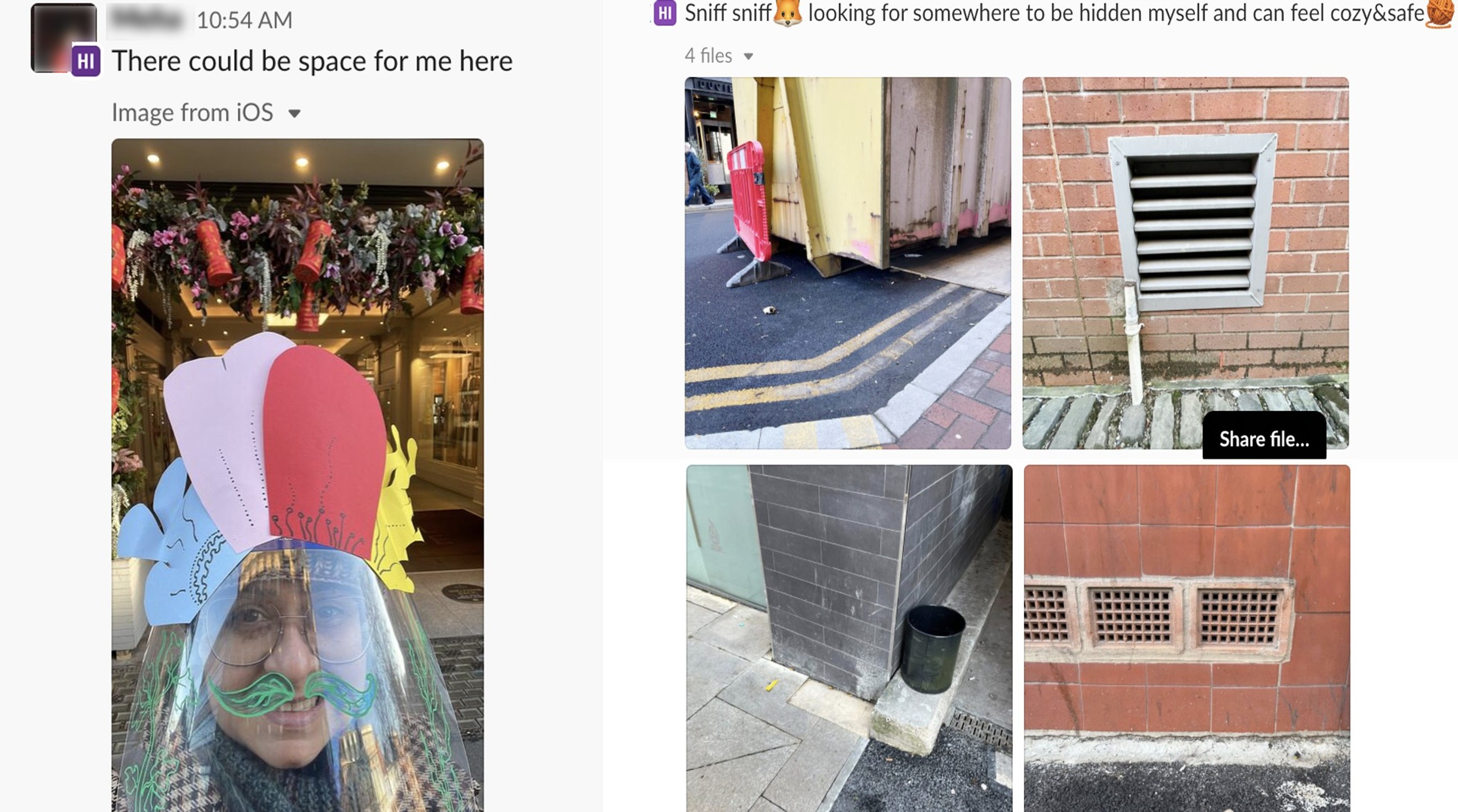 Examples of #Crew22MCR Slack channel as Hyper Island students explore Manchester from the perspective of different urban creatures.
